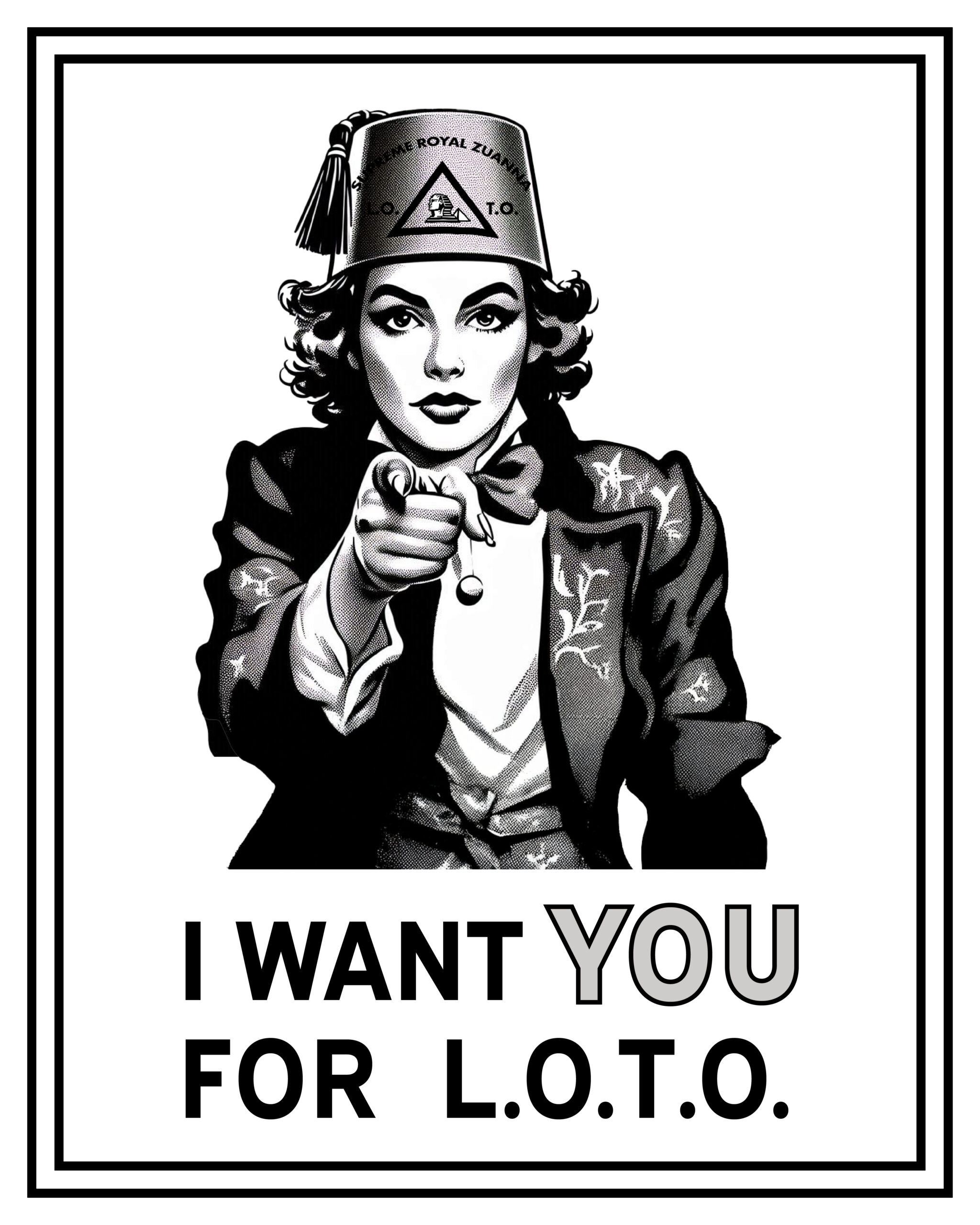 a woman dressed as uncle sam and wearing a l o t o fez and pointing with text saying I want you for l o t o